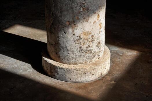 Light and shadow dance around a weathered concrete pillar photo