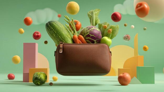 Brown bag filled with fresh vegetables and fruits floating photo
