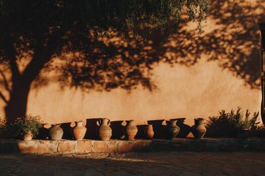 Clay pots casting shadows on a warm wall at sunset photo