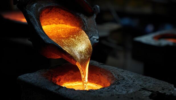 Casting molten metal in a furnace workshop during daytime photo
