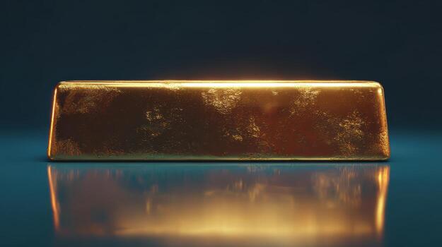 Shiny gold bar resting on reflective surface photo
