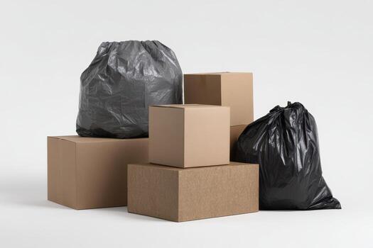 Cardboard boxes and trash bags arranged for disposal photo