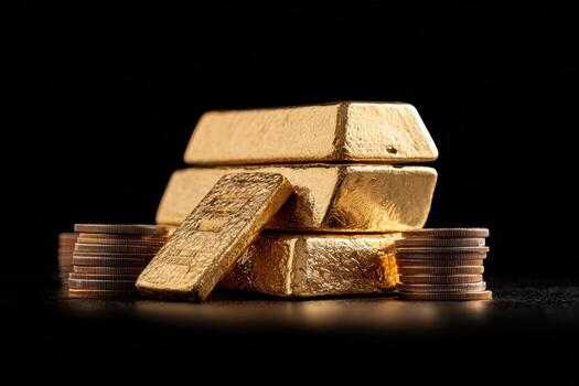Gold bars stacked beside coins on a dark background photo
