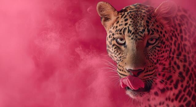 Leopard in a vibrant pink background with smoky effect photo