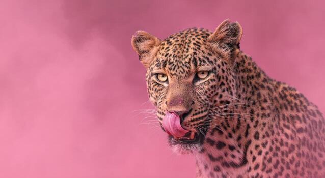 Leopard licking its lips against a pink background photo