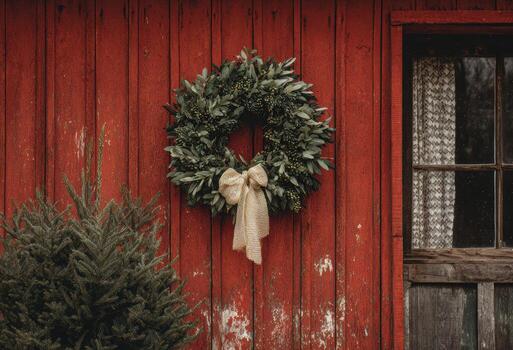 Wreath on rustic red barn during winter photo