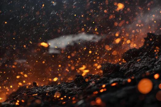 Lava and sparks illuminate the dark night sky photo