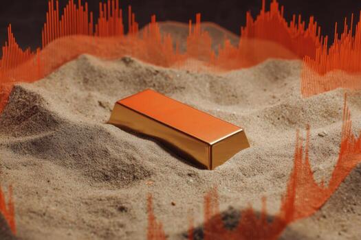 Gold bar resting on sand with sound wave patterns photo
