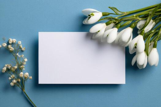 White flowers and blank card on blue table background photo