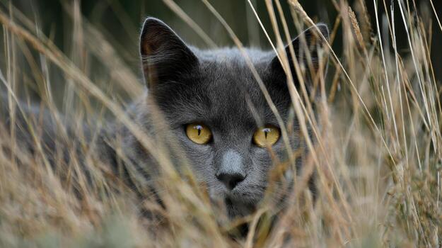 gris gato descansando en alto césped durante un soleado día foto