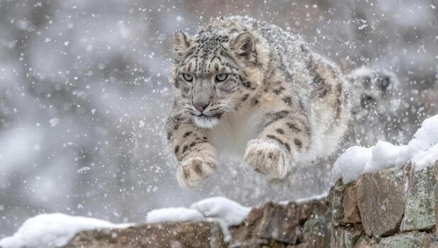 Snow leopard leaps through snowy landscape in winter photo