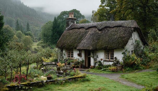 Charming thatched cottage in a serene countryside setting photo
