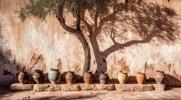 Pots arranged against a textured wall with tree shadow photo