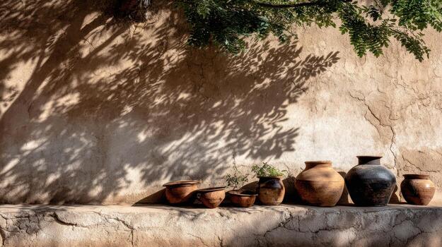 Clay pottery displayed against a textured wall in sunlight photo