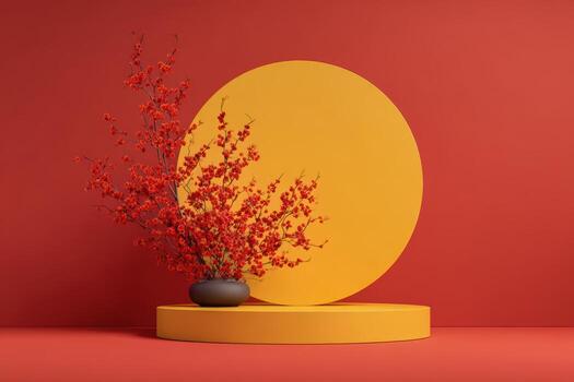 Bright red background with yellow circle and flowers photo