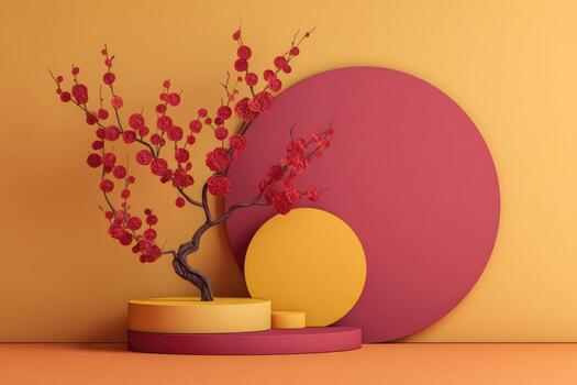 Vibrant arrangement of flowers with geometric shapes photo