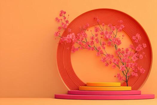 Colorful display with pink flowers on circular backdrop photo