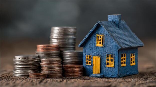 House model with coins stacked nearby for investment concept photo