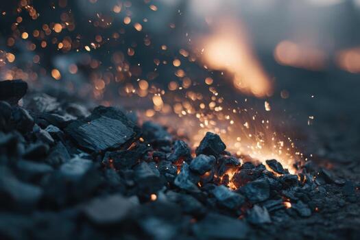Sparks and glowing embers on rocky ground at dusk photo