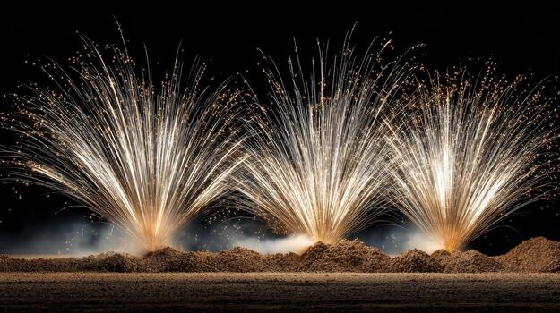 Fireworks display over sandy mounds at night photo
