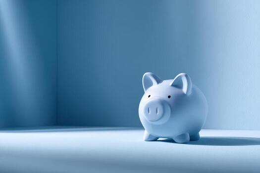 cerdito banco soportes solo en un azul habitación con oscuridad foto