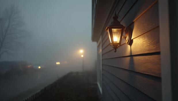 Misty evening light shining on a quiet street photo
