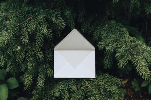 Envelope resting on green pine branches near a forest photo