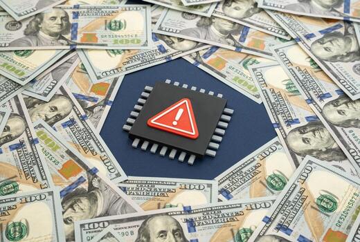 Microchip defect. Dangerous operating system update and component shortage. Concept for cybersecurity, digital risks, production delays, supply chain problems, and technology vulnerabilities. photo