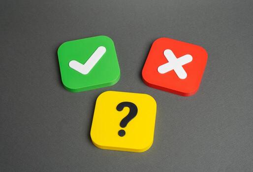 A yes no question. Green checkbox or red X. Solving a problem, making a decision, and evaluating feedback. Marketing, analytics, and social research. Surveys and statistics collection. photo
