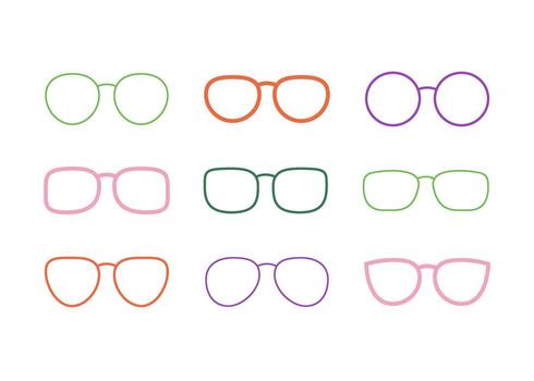 Eyeglasses different shapes and colors of frames, glasses set. Circle, square and aviator frame of glasses with transparent lenses. flat illustration vector