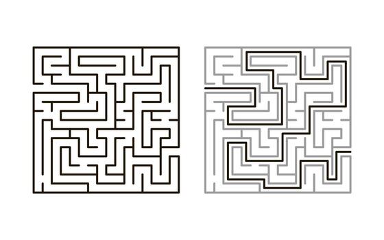 Maze game, exploration and strategy. Square riddle challenge with ready solution. Winding corridors in engaging puzzle with twists, turns and hidden pathways. illustration on white background vector