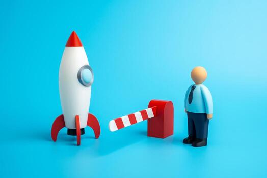 A construction worker and a rocket behind a barrier gate. Not being invited to a project or startup. Missed opportunities, career limits, and innovation access issues. Competition in technology photo