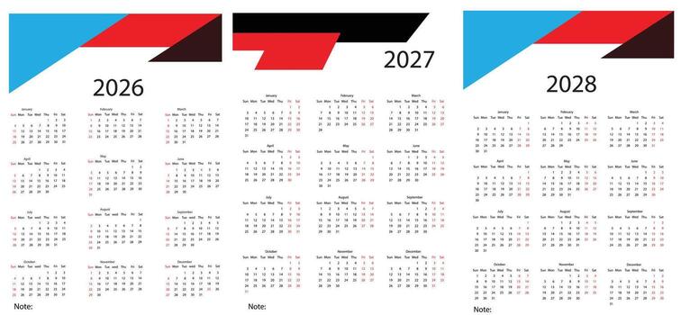 Calendar Templates for Years 2026 2027 and 2028 with Simple Geometric Designs for Planning and Scheduling vector
