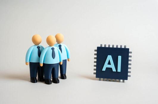 Office workers and the AI microchip. The threat of artificial intelligence and robots replacing human workers. Concept of automation, job displacement, innovation, and future of work. photo