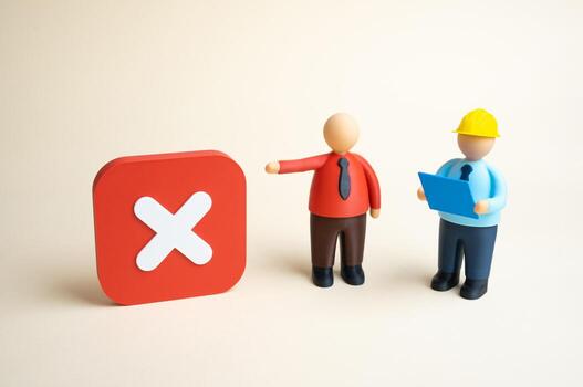 The builders are being prohibited from working. Client demands that the problem be resolved. Construction delays, project conflicts, customer dissatisfaction. Management errors, real estate disputes photo