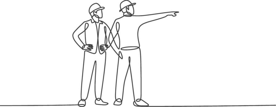 Construction workers engineers pointing building site project planning vector