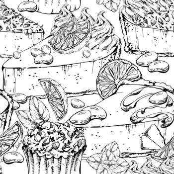 Citrus cheesecake with mousse swirl, crushed nuts, and chocolate-chip orange muffin. Hand drawn in ink. Seamless pattern for baking visuals, digital art, product labels, and recipe layouts. vector