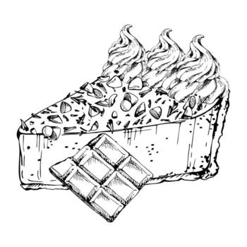 Truffle torte slice, chocolate fudge cheesecake with whipped cream topping, meringue swirls, cocoa nib garnish. ink hand drawn artwork. Recipe layouts, package visuals, social media designs. vector