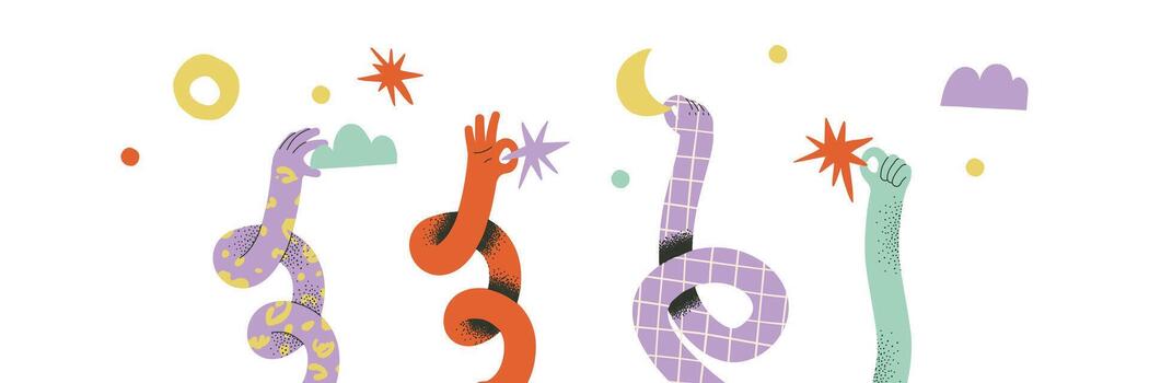 Set of flexible cartoon hands with cloud, hand with star, hand with moon. The concept of joint work. Retro cartoon illustration in factory style. vector