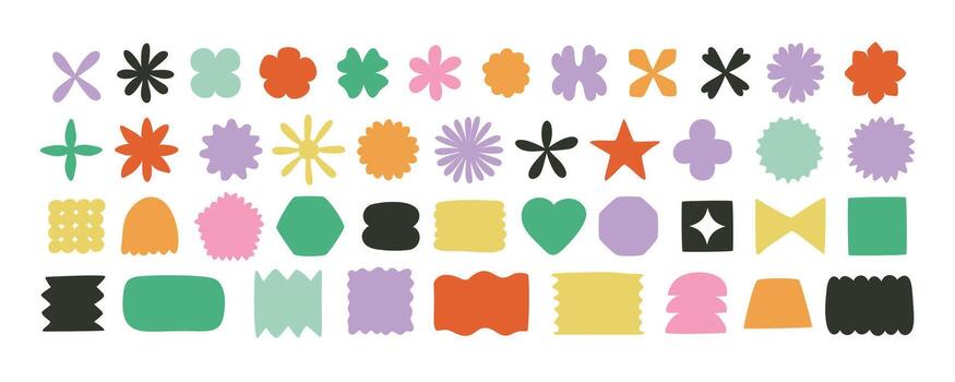 Y2K Minimalist retro Geometric Shapes Set. Hand drawn Symbols, Labels and Icons. Stars, Flowers and Circles with ZigZag Edge vector