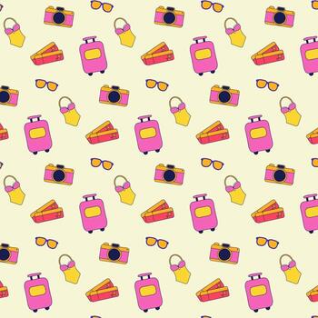 Fun, vibrant pattern featuring suitcases, cameras, sunglasses, travel documents, and swimsuits. The design has a y2k cartoon style and would be suitable for various applications. vector