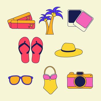Collection of colourful Y2K-style icons displays items for a summer vacation checklist. Includes camera, swimsuit, flip-flops, palm trees, and travel tickets. vector