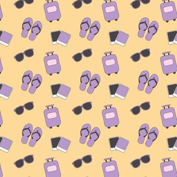 A repeating pattern shows purple suitcases, sunglasses, flip-flops, and photo prints on a yellow background. This pattern design evokes a travel, y2k, and cartoon feel. vector