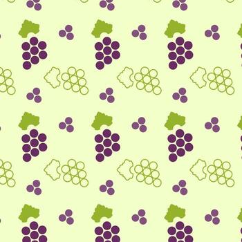 This pattern showcases a playful arrangement of line icons depicting grapes, creating a lively visual effect. The design features various clusters and individual grapes on a soft green background. vector