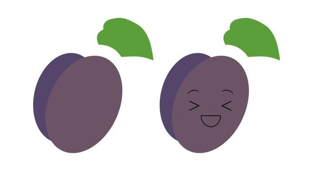 These line icons showcase plums in a stylized manner with fun facial expressions. A playful design element features vibrant green leaves, adding charm and character to the fruit. vector