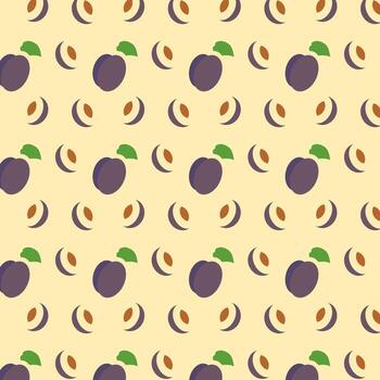 This vibrant pattern showcases a collection of line icons representing plums and peach slices against a soft yellow backdrop, perfect for design projects and creative applications. vector