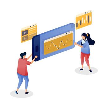 People analyzing data on a smartphone vector