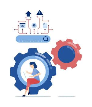 Woman using technology within gears vector