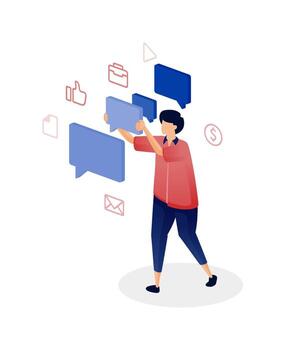 Person interacting with social media icons vector