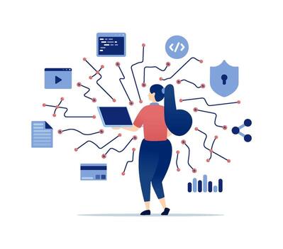 Woman exploring data connectivity concepts vector
